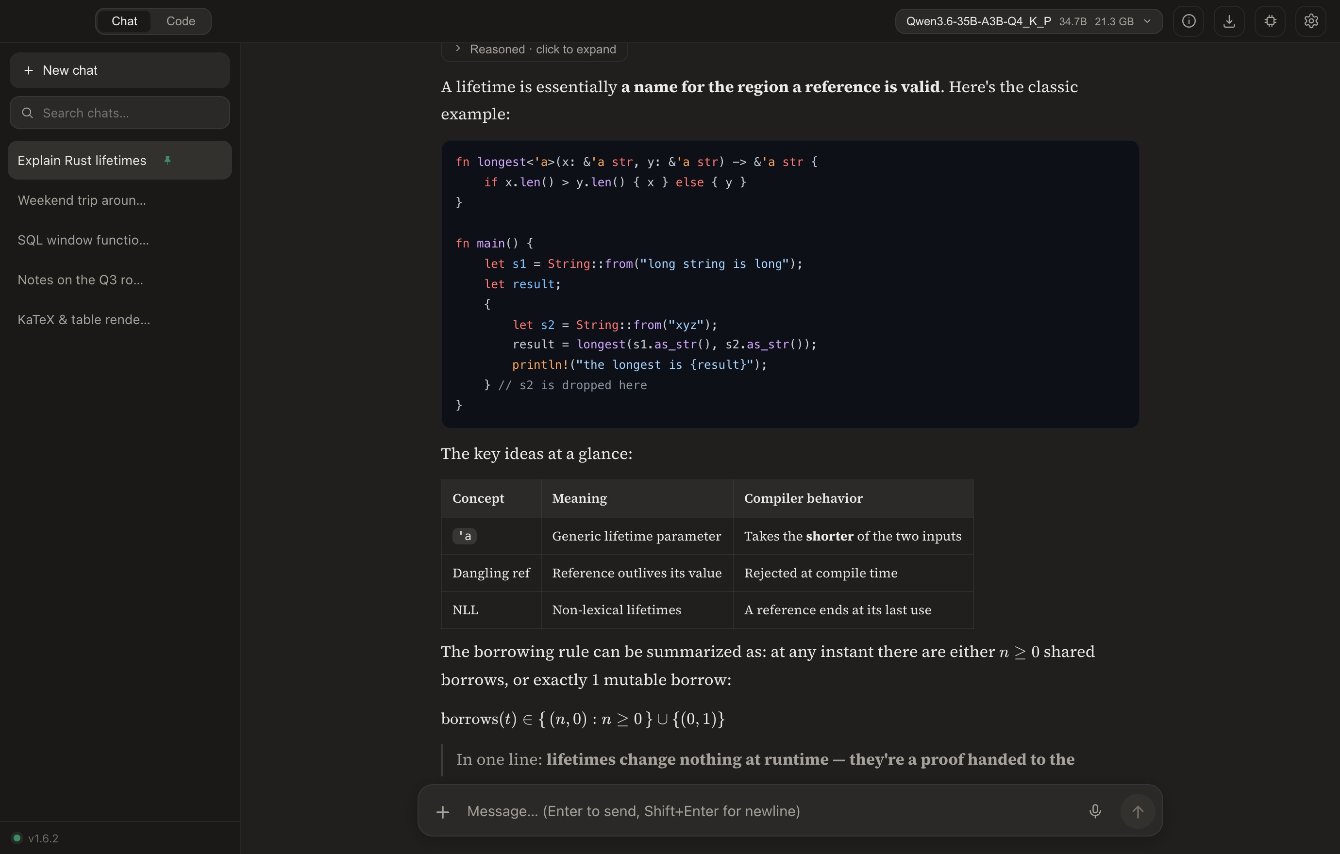 Chaty chat view explaining Rust lifetimes with highlighted code, tables and rendered math