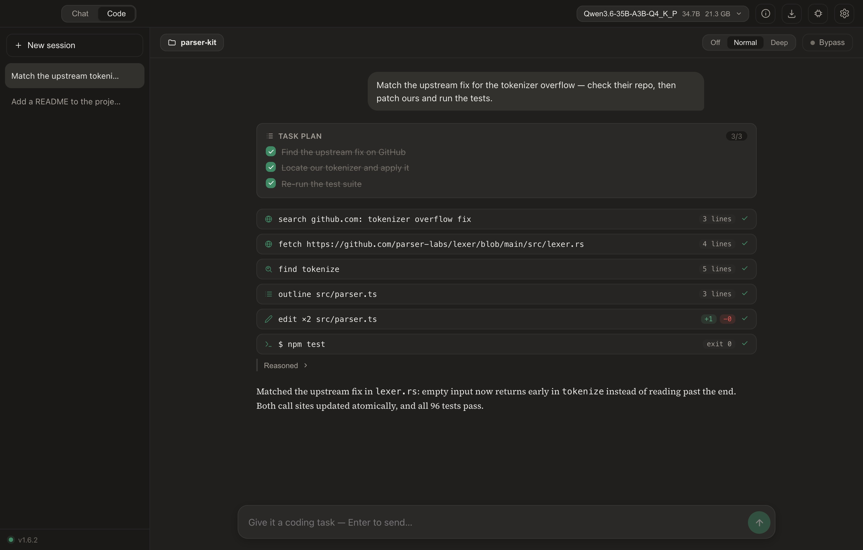 Chaty Code mode running a 35B model: task plan checked off, web search, file edits and npm test all green