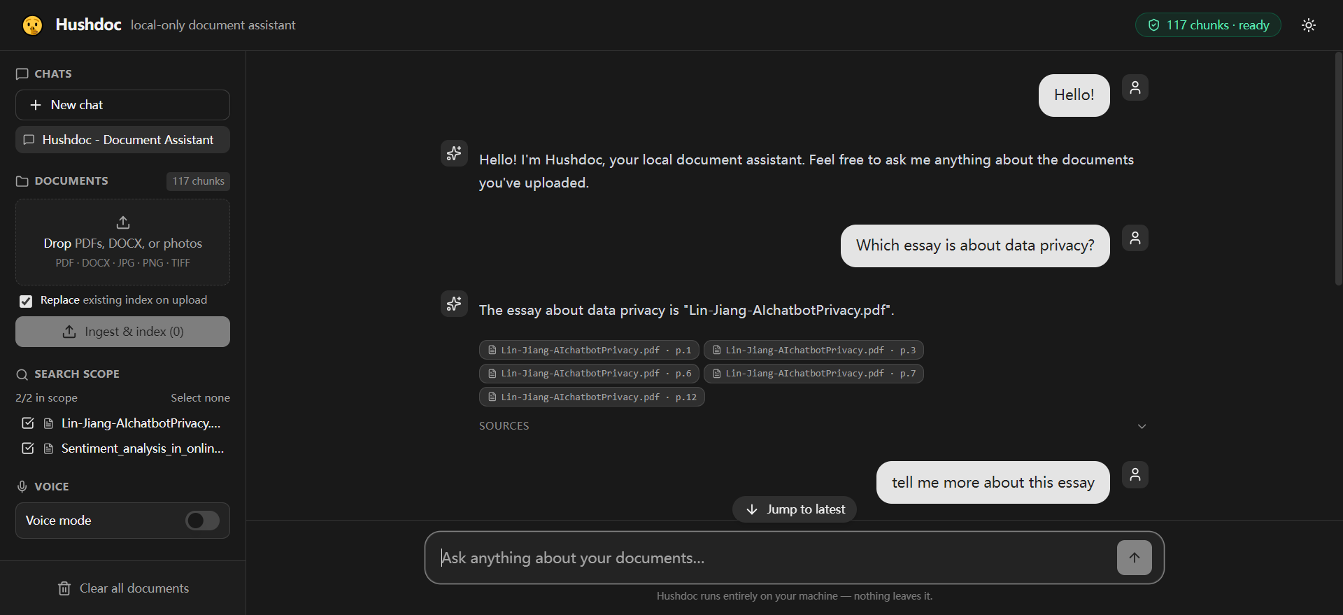 Hushdoc UI: chat with documents, citation chips, sidebar with file scope