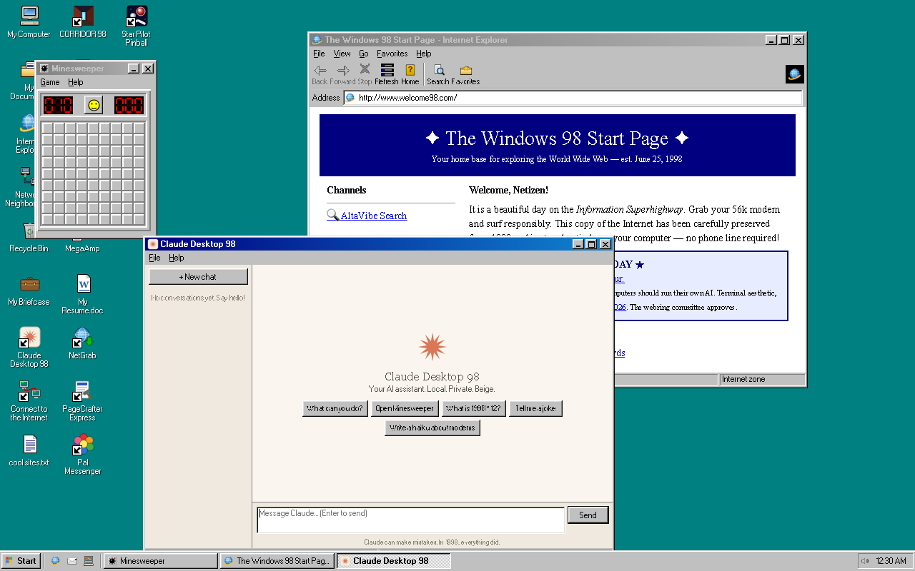 Windows 98 desktop recreation with Minesweeper, Internet Explorer and an AI assistant, running as a macOS app